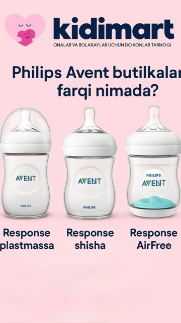 Bu 3 ta Philips Avent butilka o‘xshash ko‘rinsa-da, farqlari juda muhim!
Onalarning eng ko‘p beradigan savoliga javob beramiz:
1.	CHAPDA – Philips Avent Anti-Colic (yashil klapanli) – koliklar oldini oladi, havoni chiqishini nazorat qiladi.
2.	O‘RTADA – Philips Avent Natural Response – tabiiy emizish effektiga yaqin, ko‘krakka o‘xshash dizayn.
3.	O‘NGDA – Philips Avent Shisha butilka – yuqori haroratga chidamli, shishadan tayyorlangan ekologik variant.Farqi shunchaki ko‘rinishda emas — har biri o‘zining afzalliklariga ega.
Farzandingizga eng mosini tanlashda yordam beramiz!