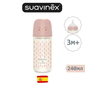 Стеклянная бутылочка Suavinex 240 мл с соской 3м+, розовая
