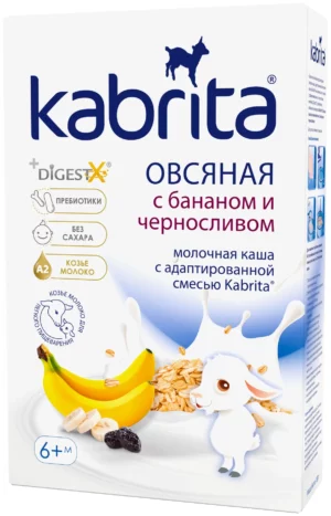 Kabrita ovsli bo'tqa, adaptatsiyalangan echki sutidan, banan va qora olxo'ri bilan, 180 g