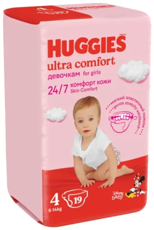 Huggies Ultra Comfort qizlar uchun 4 (8-14 kg), 19 dona