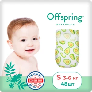 Подгузники Offspring S (3-6 кг), 48 шт., дизайн Авокадо