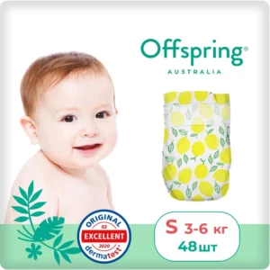 Offspring подгузники S. 3-6 кг 48 шт расцветка Лимоны