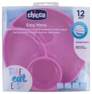 Chicco Easy Menu, silikon tarelka, pushti, 12+ oy