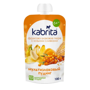 Kabrita pyuresi don mahsulotlari (javdar, suli, bug‘doy, arpa) bilan, echki sutidan qaymoq, 6+ oy
