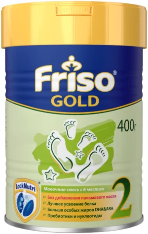 Frisolac Gold 2, 400 g – 6-12 oylik bolalar uchun, palma yog‘isiz