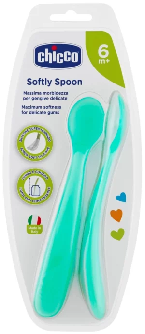 Chicco Softly bolalar qoshiqchalari 6m+, silikon, 2 dona, ko‘k