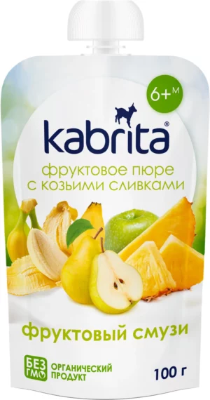 Kabrita Фруктовый смузи (яблоко, ананас, банан, груша), сливки козьего молока, мягкая упаковка 100 г