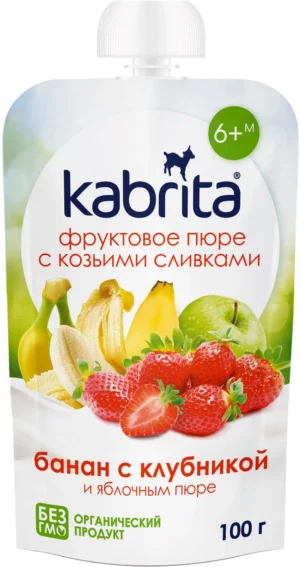 Kabrita qulupnayli pyure, echki suti bilan, yumshoq o'ram 100 g