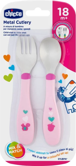 Набор столовых приборов Chicco MetalCutlery розовый 18м+