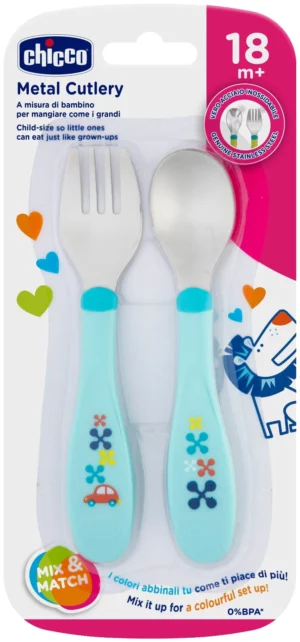 Chicco MetalCutlery bolalar uchun oshxona jihozlari to‘plami ko‘k 18m+