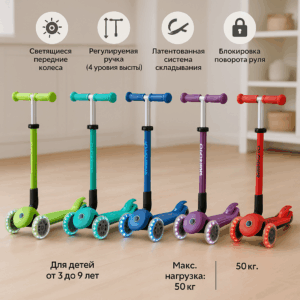 Globber Primo Foldable Plus Lights самокат, 3-колёсный, 3–7 лет, 5 цветов