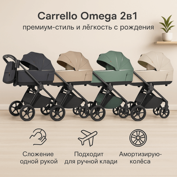 Коляска Детская Carrello Omega 2В1, Премиум-Класс, До 22 Кг, 4 Цветов