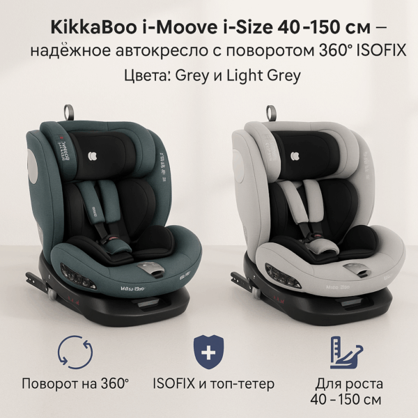 Автокресло Kikkaboo I-Moove I-Size 40–150 См, Поворотное, Isofix, Серый/Светло-Серый