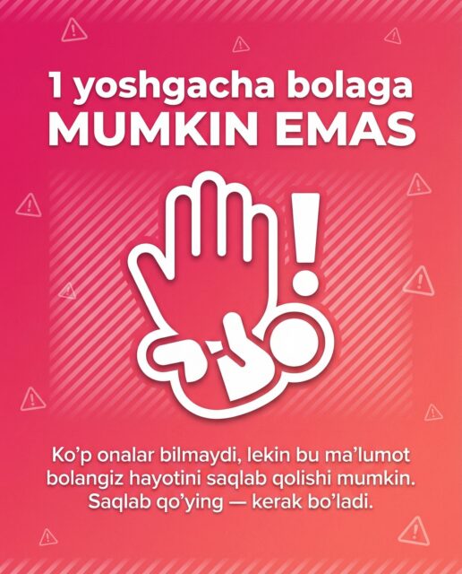 1 yoshgacha bolaga MUMKIN EMAS — bu ro'yxatni ko'p onalar bilmaydi.

Asal nima uchun xavfli? Sigir suti nima uchun berish mumkin emas? Yostiq bilan uxlatish nima uchun taqiqlangan?

Bu carousel'da — 1 yoshgacha bolalar xavfsizligining ENG MUHIM qoidalari. Har biri — hayot saqlovchi ma'lumot.

Qaysi ma'lumot siz uchun yangi bo'ldi? Izohda yozing 👇