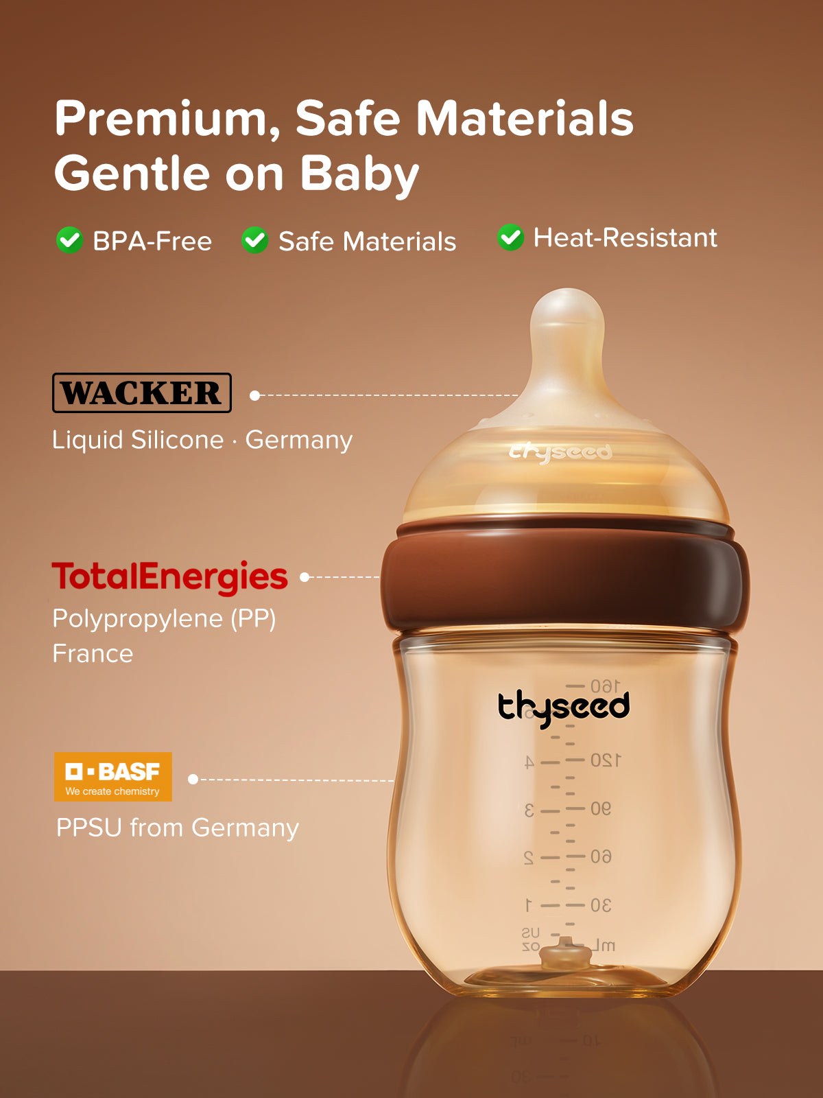 Антиколиковая бутылочка Thyseed Natural Anti-colic из PPSU, 160/240 мл, 0–6 мес (Thyseed) 8 Антиколиковая бутылочка Thyseed Natural Anti-colic из PPSU, 160/240 мл, 0–6 мес — изображение 8